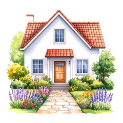 Watercolor illustration of a charming house with a garden