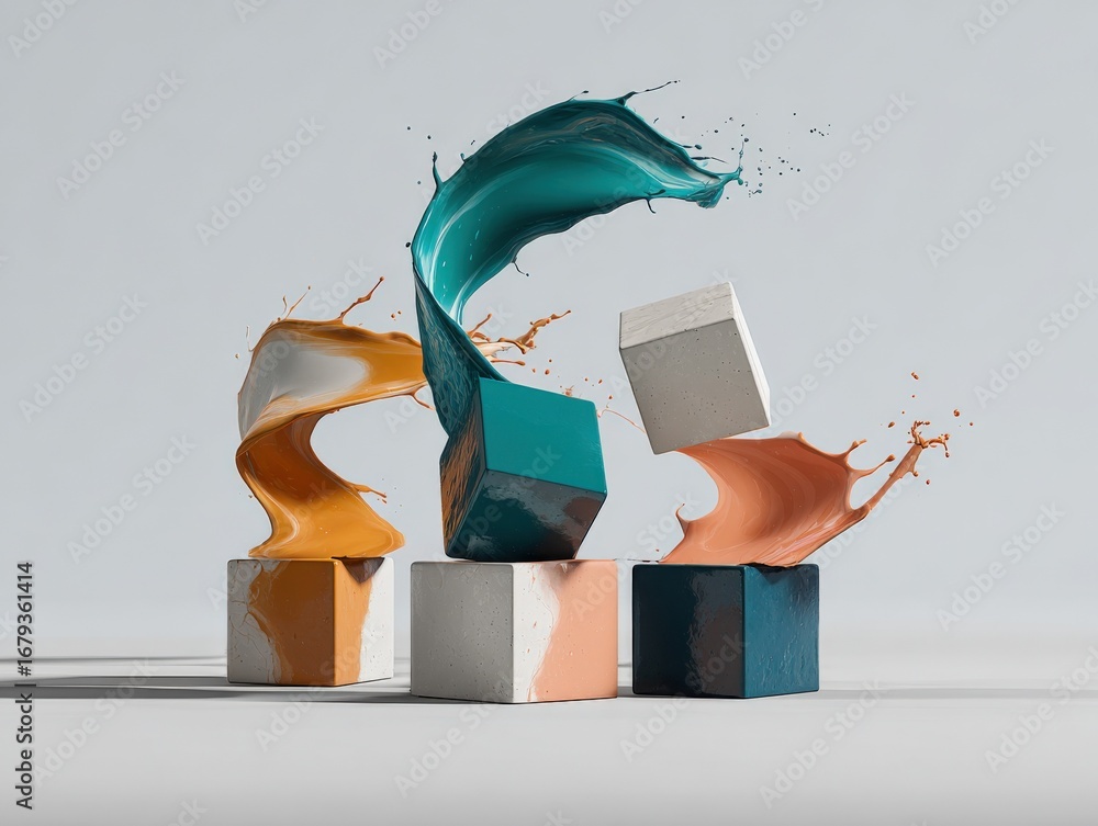 Poster dynamic display: abstract paint splashes on concrete blocks for modern art and product presentation