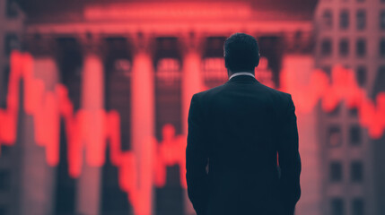 A silhouette of a businessman stands before a stock market display, with striking red graph lines indicating a downward trend.