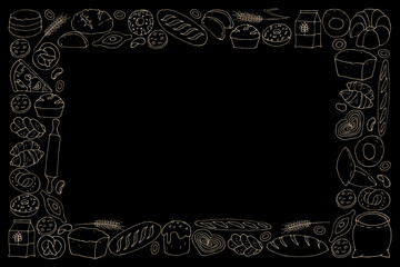 Bread frame on black background, hand drawn in cartoon style. Bread and pastries collection.