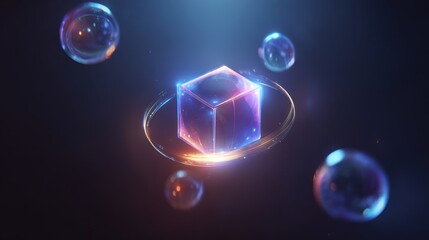 Ethereal Neon Cube with Luminous Rings and Floating Iridescent Bubbles.