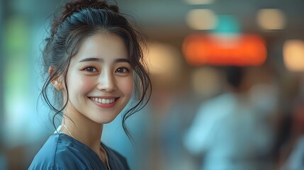 An optimistic and friendly female healthcare professional smiles genuinely wearing scrubs in a subtly blurred modern medical environment conveying