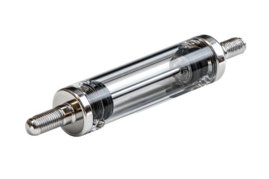 Clear cylinder with metal ends showcases precision engineering on transparent background