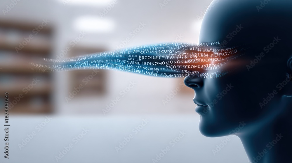 Poster artificial intelligence vision: conceptual image of a female android with emerging data stream revea