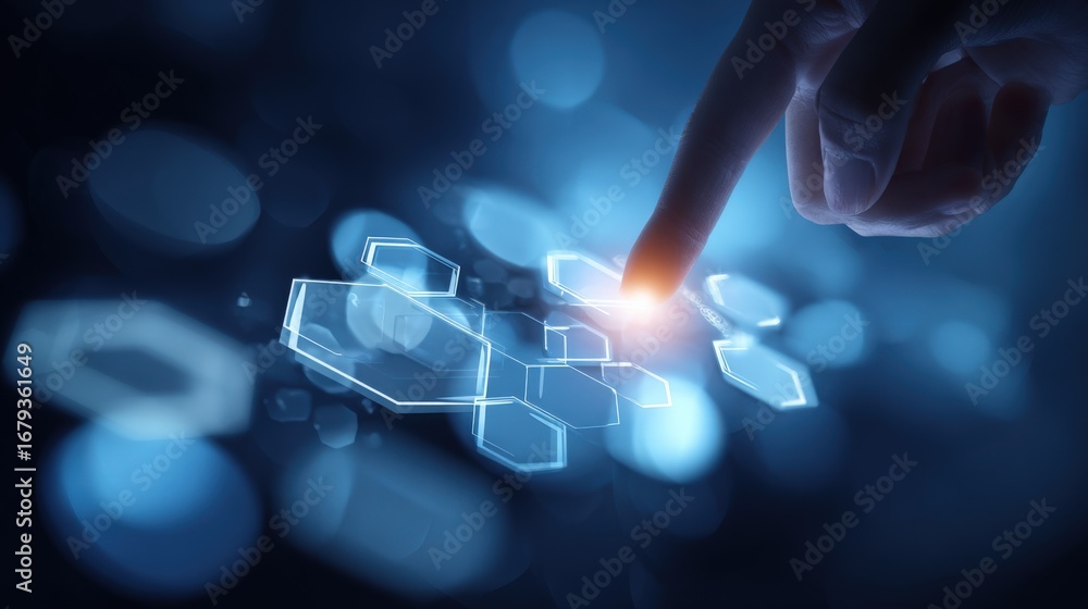 Poster finger touching abstract digital interface display with glowing hexagons in a futuristic environment