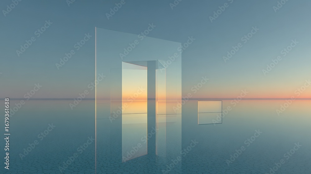 Poster abstract glass structure reflecting sunset, a conceptual image for design and architectural visualiz