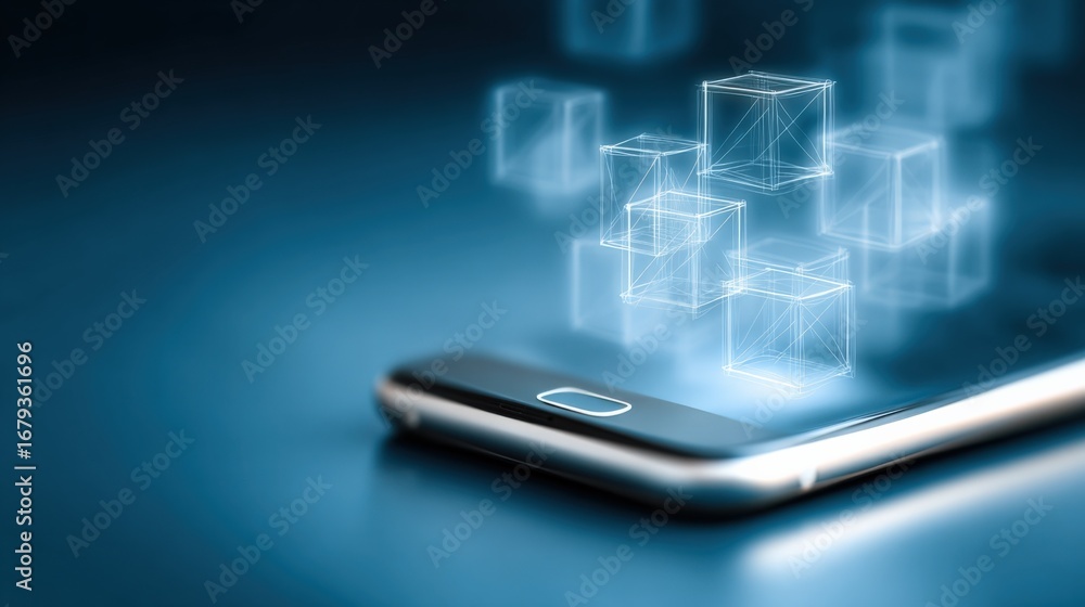 Poster mobile technology interface displaying abstract geometric shapes, futuristic digital design and inte
