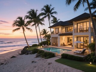 Tropical Beach Villa Sunset Oceanfront Luxury & Palm Trees