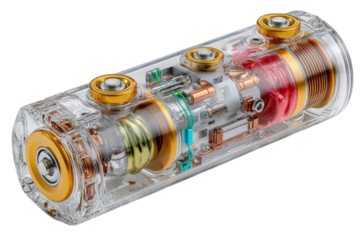 Futuristic transparent device showcasing internal components and advanced technology on transparent background