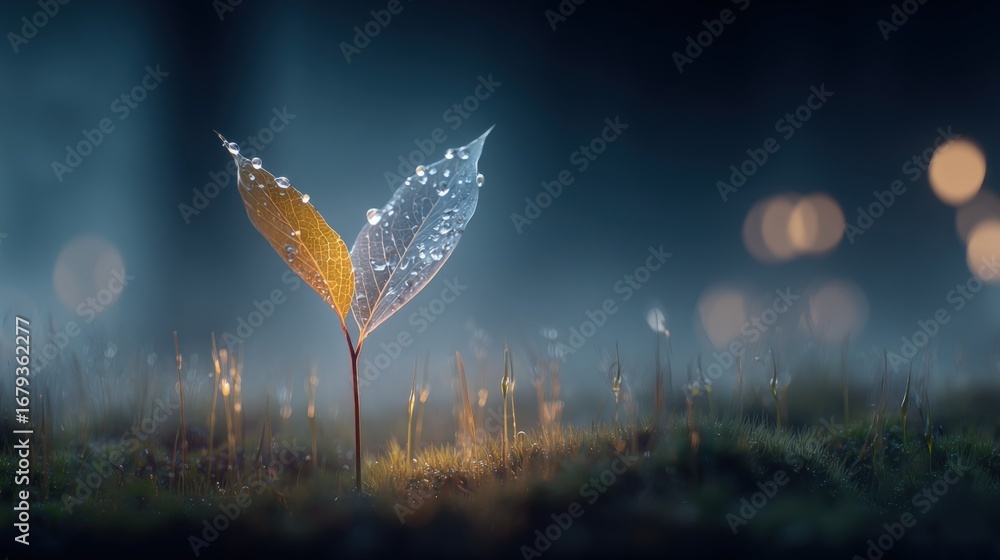 Aufkleber delicate leaf structure with water droplets illuminated by soft light in a dreamy, ethereal setting