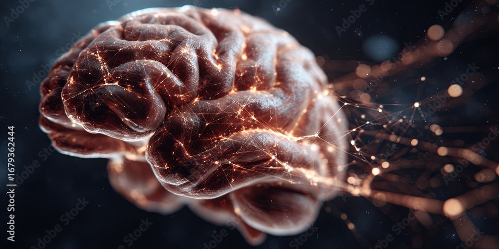Poster abstract representation of a human brain with luminous neural connections and a cosmic background sh
