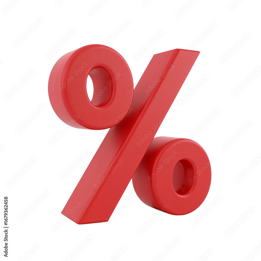 Poster vivid red percentage symbol casting shadows,isolated transparent background creating a striking