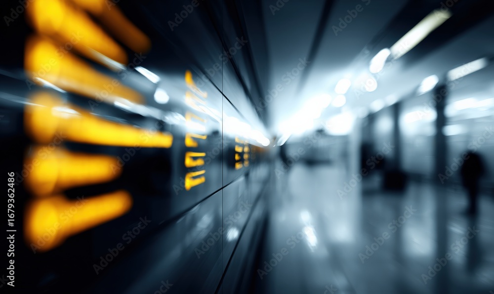 Poster modern transit station display with blurred motion, abstract urban commute scene, minimalist archite