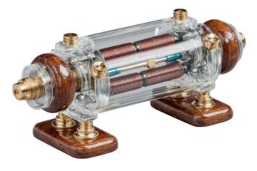 Detailed view of a vintage electrical component with coils and clear housing unit on transparent background