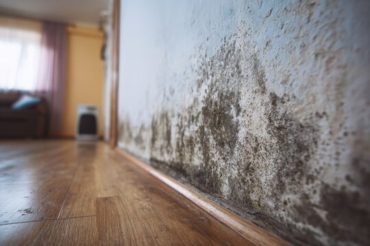 Close-up of a wall with black mold in a cozy living room featuring a wooden floor and an air purifier, highlighting concerns about indoor air quality during evening hours.