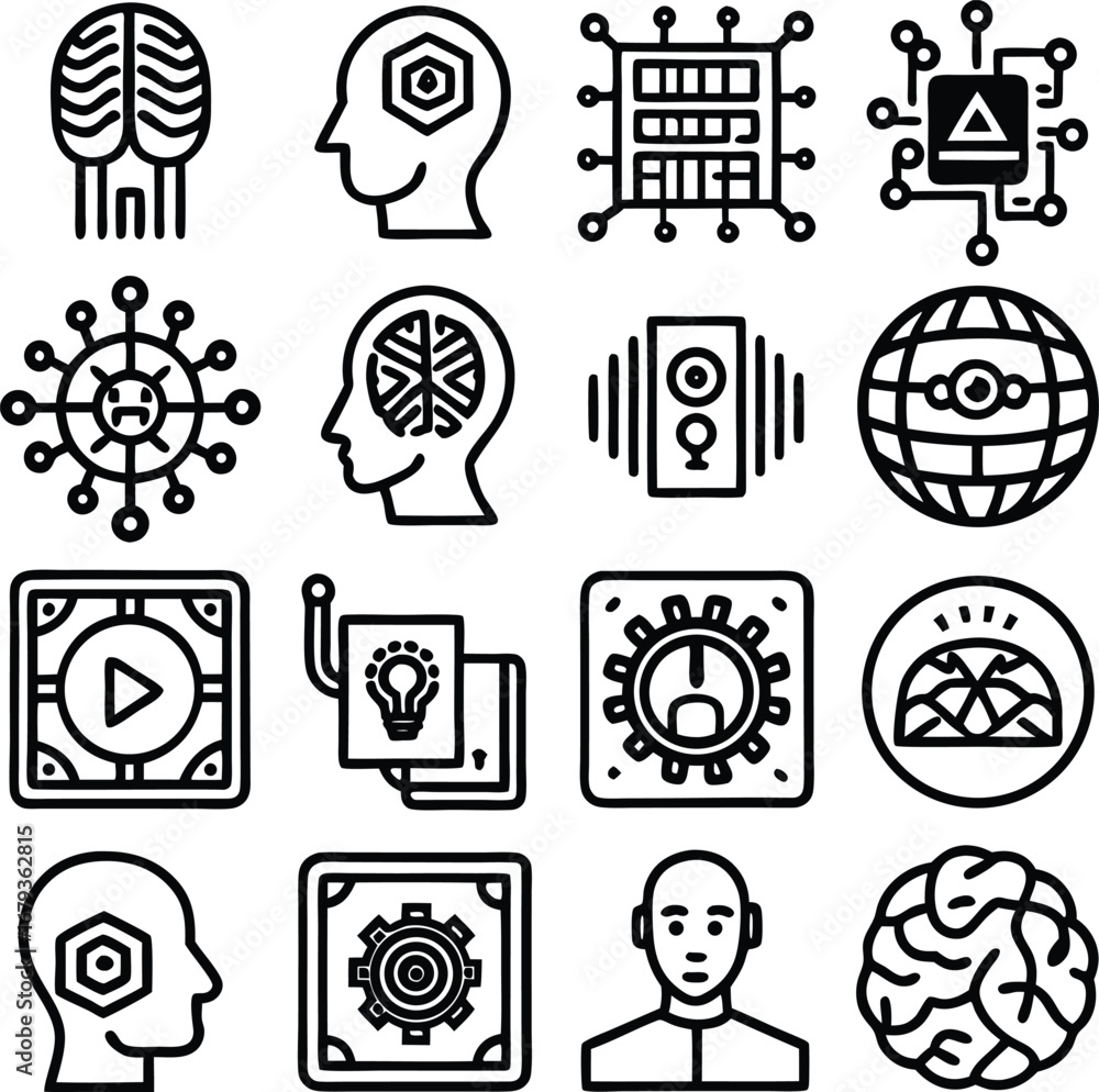 Poster ai and technology icons set brains circuits globes and gears for digital innovation and future conce