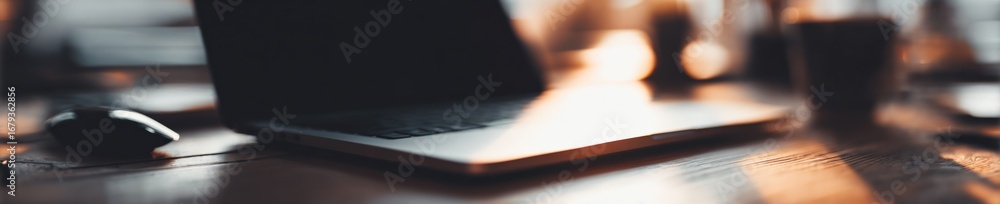 Poster close-up of laptop and mouse on a blurred background representing remote work and technology