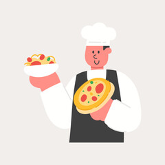 Cartoon illustration of a chef with pizza and pasta. Cooking, food, and Italian cuisine concept.