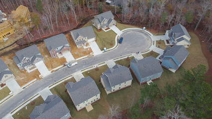 Residential cul-de-sac street with completed homes, adjacent timber-framed builds, bordered by tall...