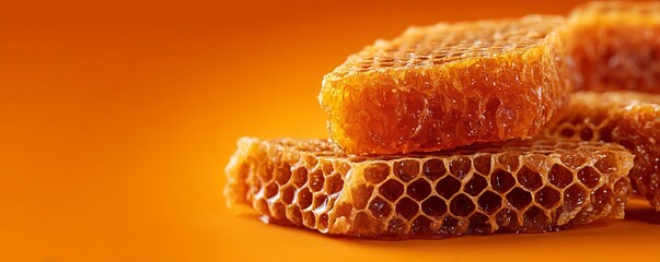 Stacked honeycomb pieces on orange background bees