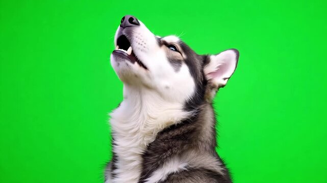 Majestic husky dog howling at the sky on a vibrant green background