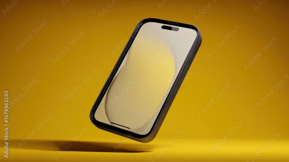 Poster modern smartphone mockup floating on yellow background: sleek mobile device for app and ui design