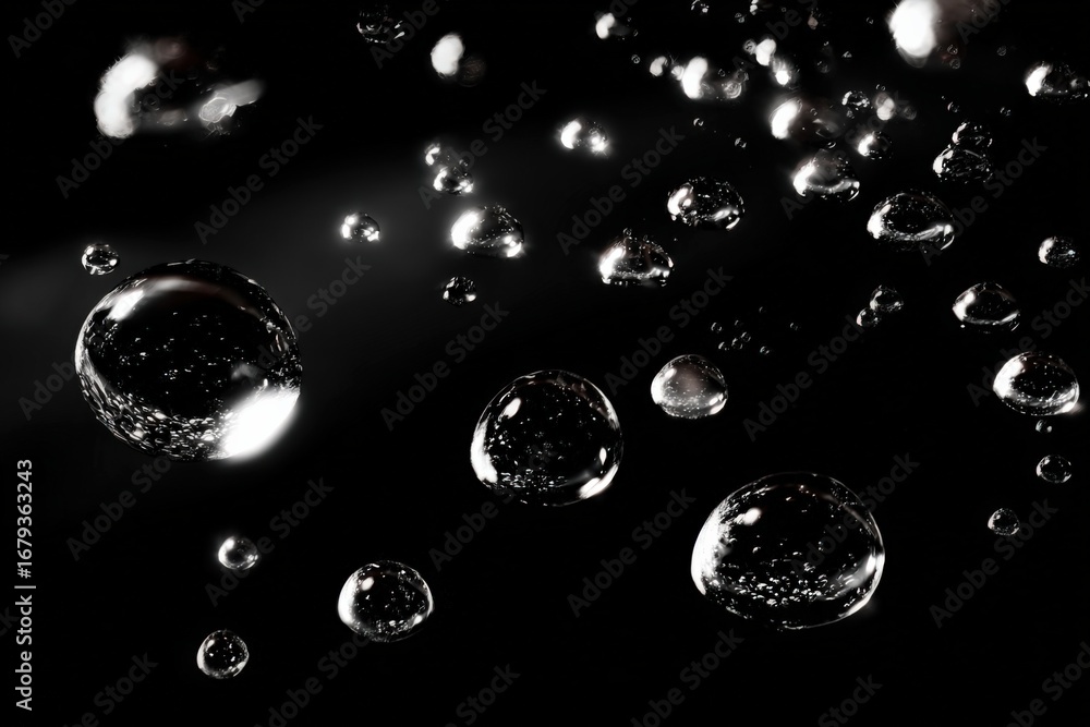 Poster water droplets on black background creating abstract art, reflecting light and shadow for background