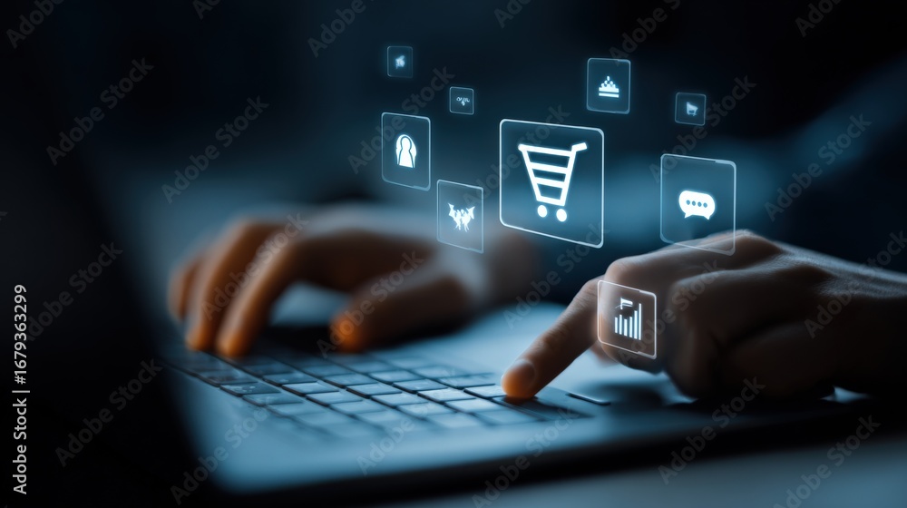Poster online shopping experience: customer navigating digital interface with virtual shopping cart and bus