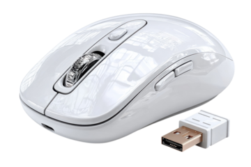Sleek white wireless mouse with usb receiver for modern computing experience at home on transparent background