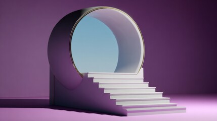Obraz premium Abstract Podium with Staircase and Circular Portal on Violet Background, Suitable for Product Presentation