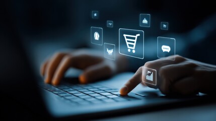 Online Shopping Experience: Customer Navigating Digital Interface with Virtual Shopping Cart and Business Icons Hovering