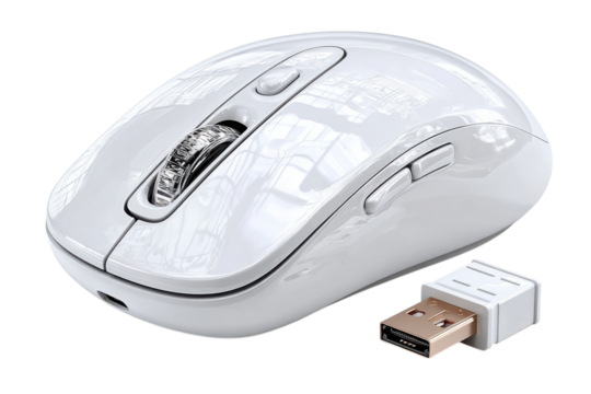 Sleek white wireless mouse with usb receiver for modern computing experience at home on transparent background