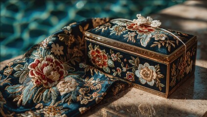 Ornate embroidered box & fabric