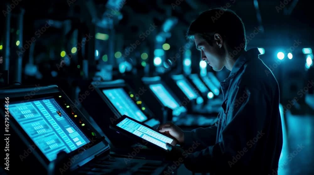 Poster young technician monitoring data on multiple screens in a dark control room, analyzing information, 