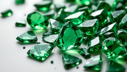 Fototapeta premium An array of green gemstones, varying in size and shape, scattered across a white background.