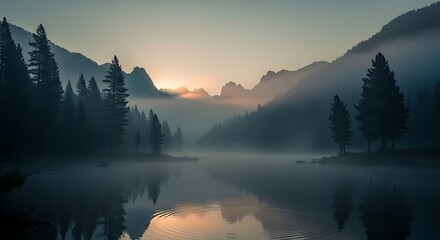 Fototapeta premium Misty Mountain Lake Sunrise.