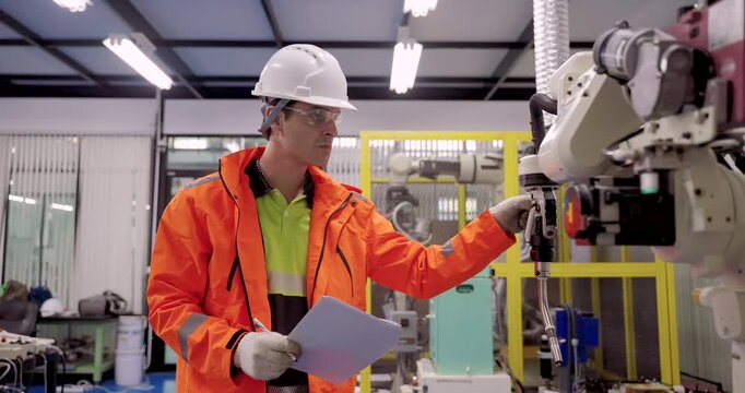 Engineer holding document standing near robotic welding machine for inspection during smart automation training in industry40 lab with focus on programming, calibration and system integration workflow