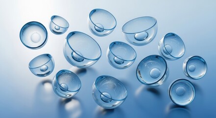 Abstract Blue Transparent Glass Hemispheres with Water Droplets on Light Backdrop