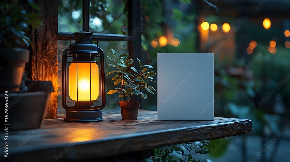 Poster blank white card and glowing lantern on a rustic wooden shelf creating a cozy evening atmosphere wit