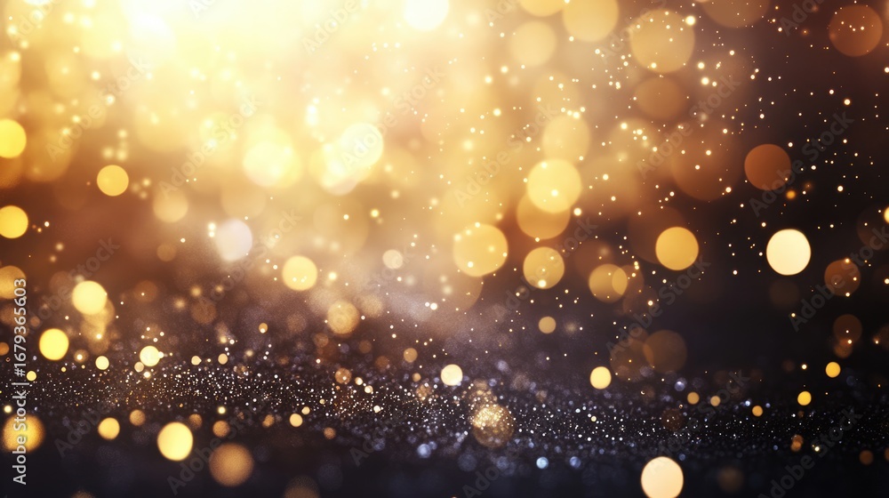 Poster a mesmerizing display of golden bokeh lights floating against a dark background, creating a magical 