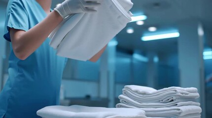 Close-up of a Medical Professional Handling Freshly Laundered White Towels in a Clean Hospital Environment, Emphasizing Hygiene and Care