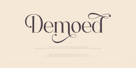 Demoed Elegant alphabet letters font and number. Classic Copper Lettering Minimal Fashion Designs. Typography fonts regular uppercase and lowercase. vector illustration