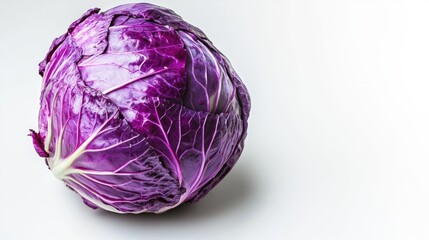 Fototapeta premium A fresh, vibrant purple cabbage showcasing intricate leaf patterns, perfect for healthy dishes, salads, and garnishes. A symbol of nutrition and culinary creativity.