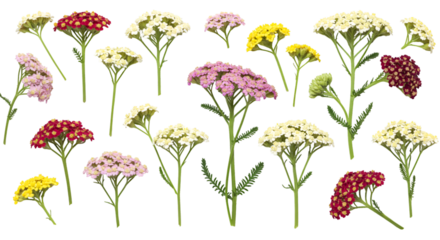 Vibrant yarrow flowers in diverse colors, perfect for botanical designs, spring events, wedding decor, and natural beauty projects isolated on white background