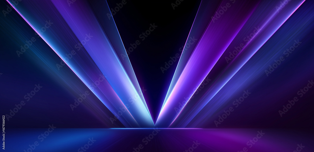 Poster neon beams radiate in a v shape with cool gradients, creating a futuristic space on a dark backgroun