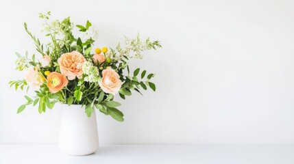 Fototapeta premium A beautiful arrangement of soft peach roses and greenery in a simple white vase, perfect for enhancing any space with a touch of elegance and natural beauty.
