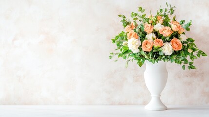 Naklejka premium A beautiful arrangement of orange and white flowers in a classic white vase, set against a soft, neutral background. Ideal for home decor, events, or floral design inspiration.