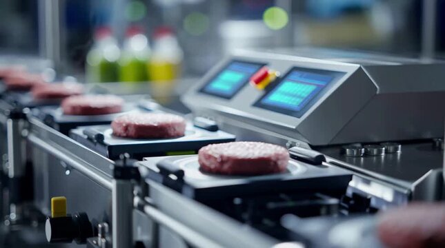 Automated Meat Processing: Burger Patties on Conveyor Belt in a Modern Food Production Facility with Digital Control Panel