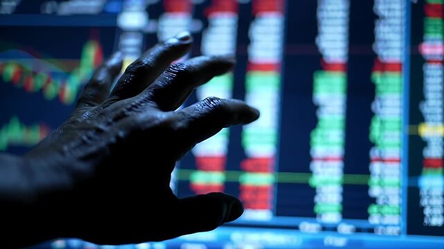 Hand Silhouetted Against Blurred Stock Market Charts on Computer Screen in Blue Ambient Lighting
