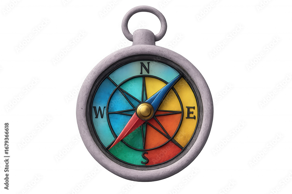 Poster colorful compass pointing north, 3d-rendered with transparent background, highlighting navigation an